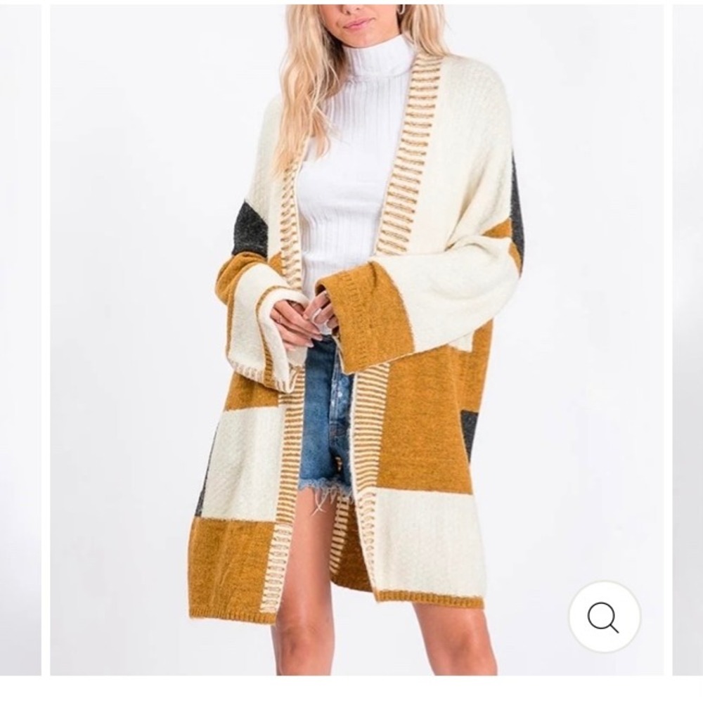 Ces Femme Colorblock Open Front Cardigan Mustard Yellow Cream J8182 SM